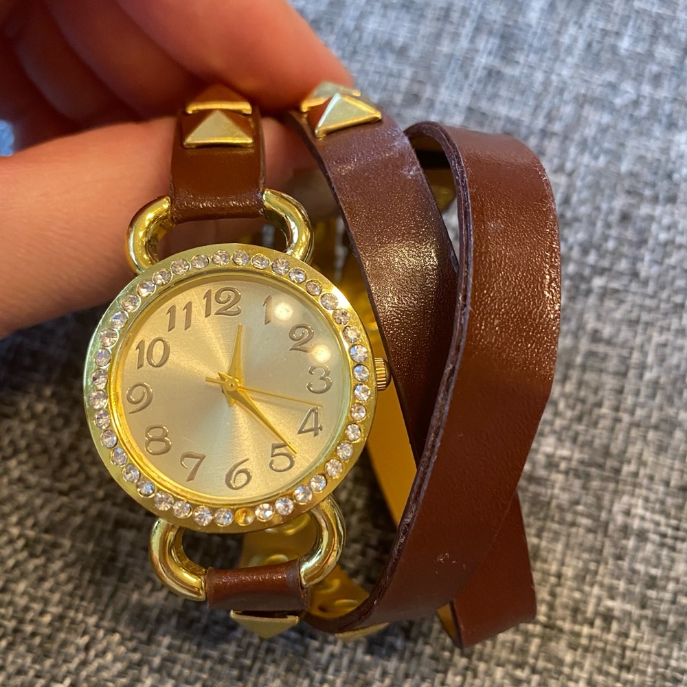 Gold Crystal Studded Accent Brown Wrap Faux Leather Watch Bracelet